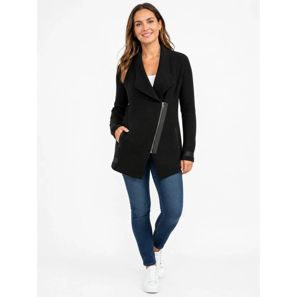 Athleta Cardigan Sweater‎ Medium Black Merino Wool Blend Asymmetric Motto Sporty